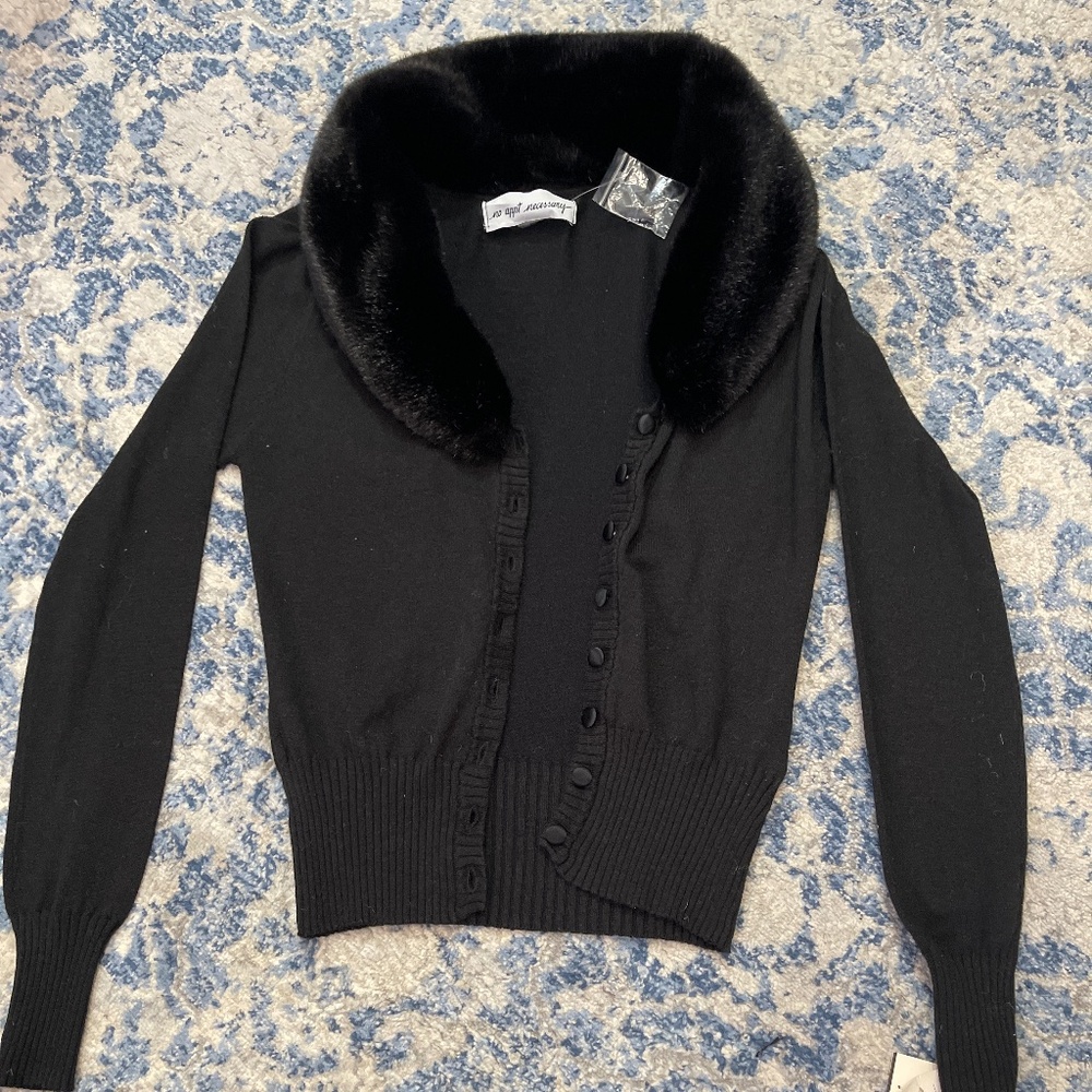 Fur color black cardigan sweater